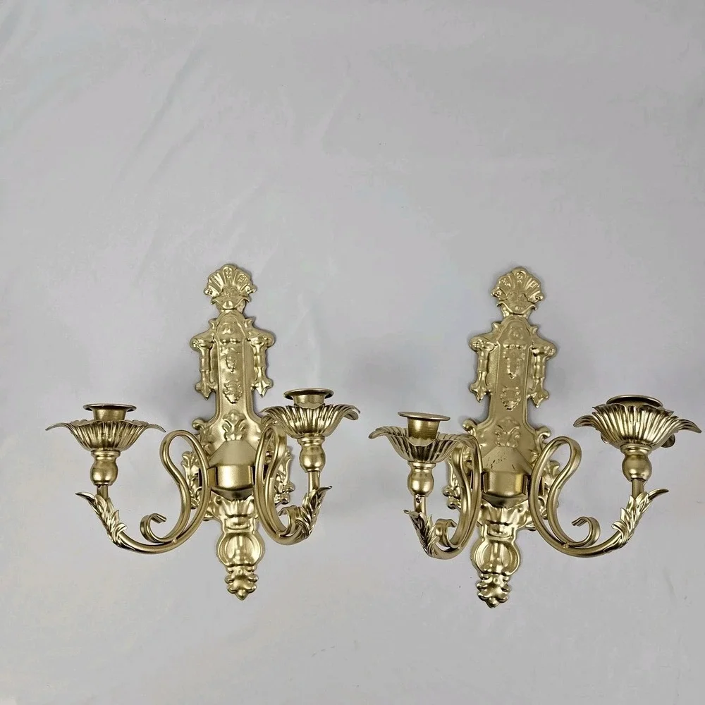 Hollywood Regency Candle Wall Sconces Double Arm Ornate Gold Cast Metal Louis XV